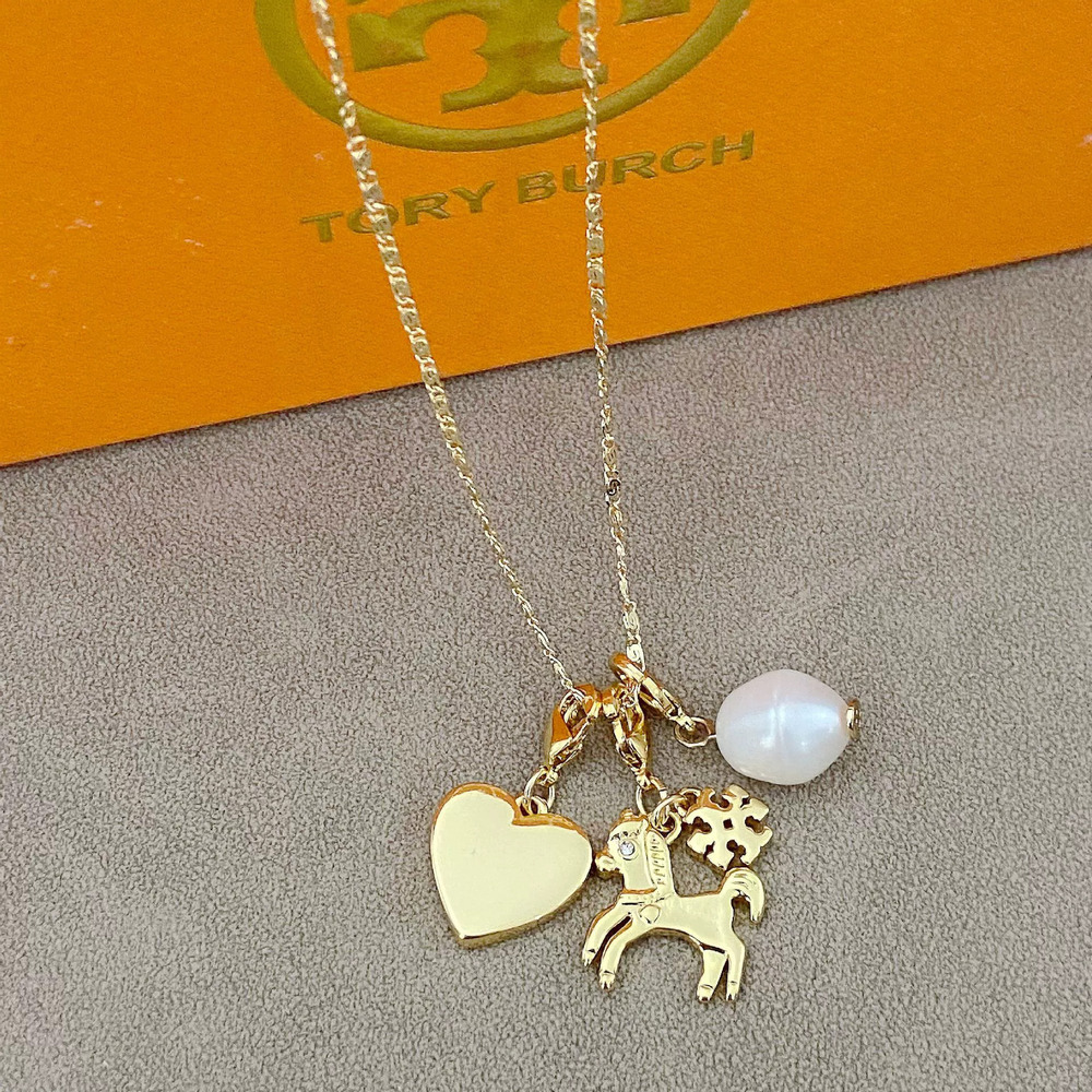 Tory Burch Pony Pearl Heart Letter Necklace